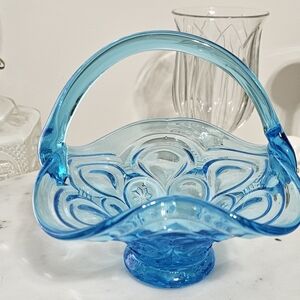 Fenton Turquoise Blue Pressed Glass Basket Vase
